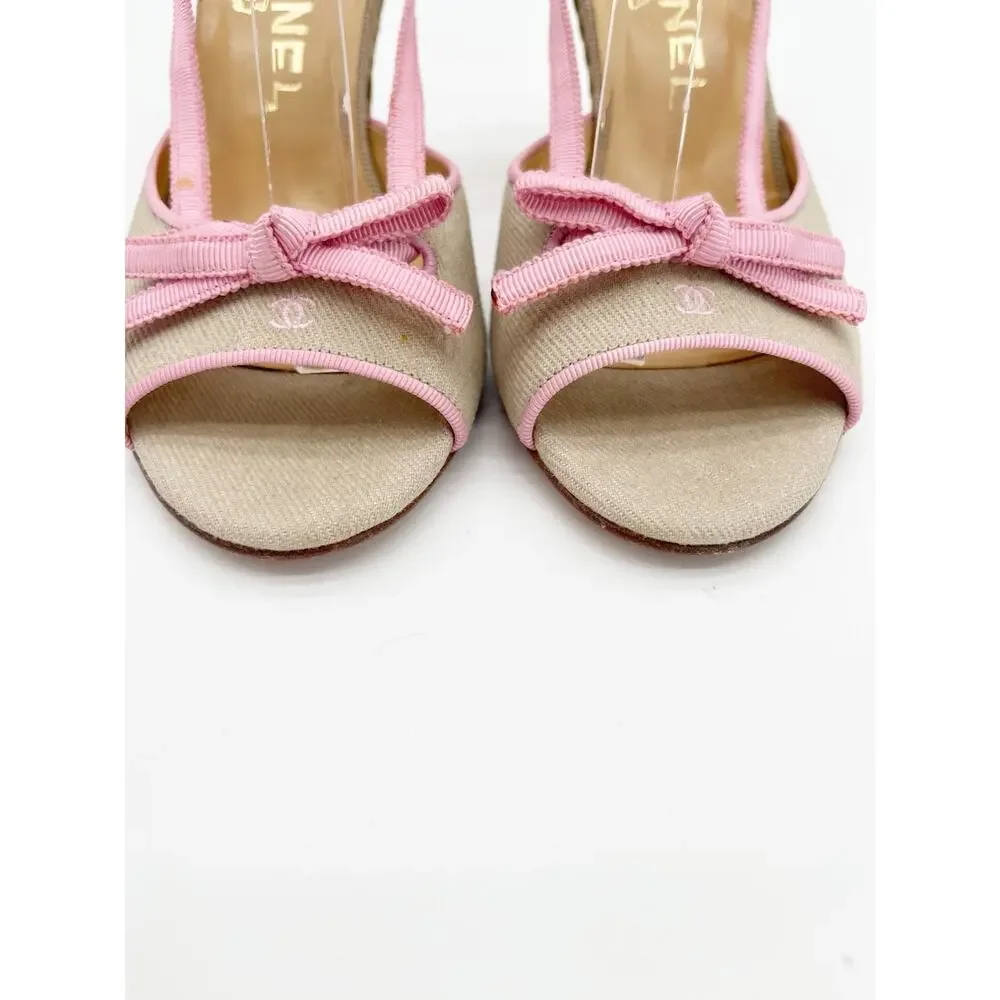 Chanel Vintage Beige Canvas Pink Grosgrain CC Bow Strappy Sandals Heels EU 36